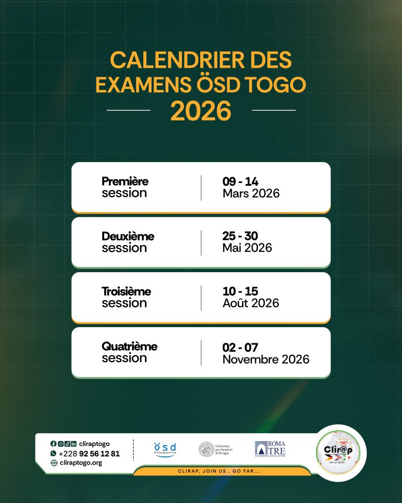 Dates des examens certificat ÖSD Togo 2026 au CLIRAP Lomé