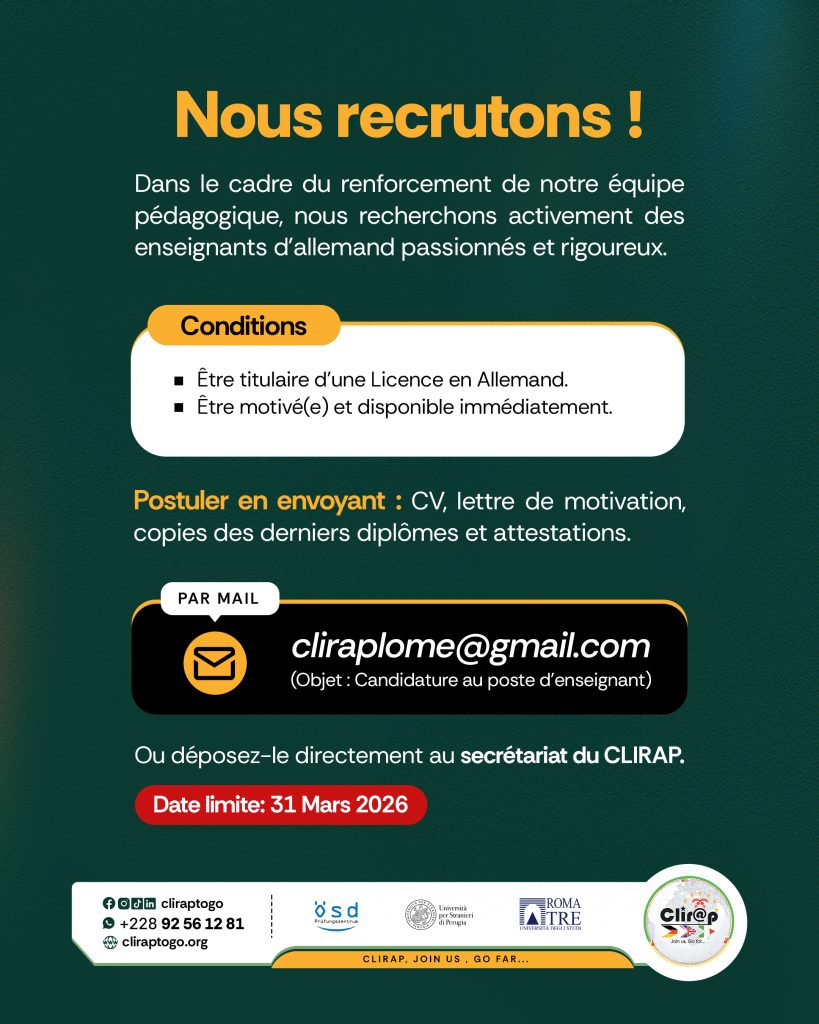 CLIRAP Lomé - détails de l'offre de recrutement enseignants d'allemand - deadline 31 mars 2026